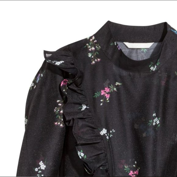 H&M Floral Black Semi Cropped Sheer Blouse Exaggerated Puff Sleeve - Picture 2 of 11